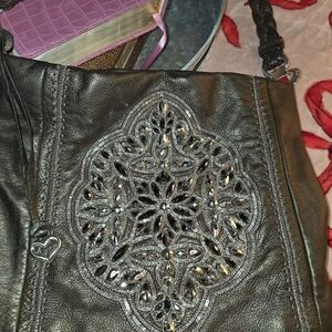 Embellished Black Leather Shoulder Bag